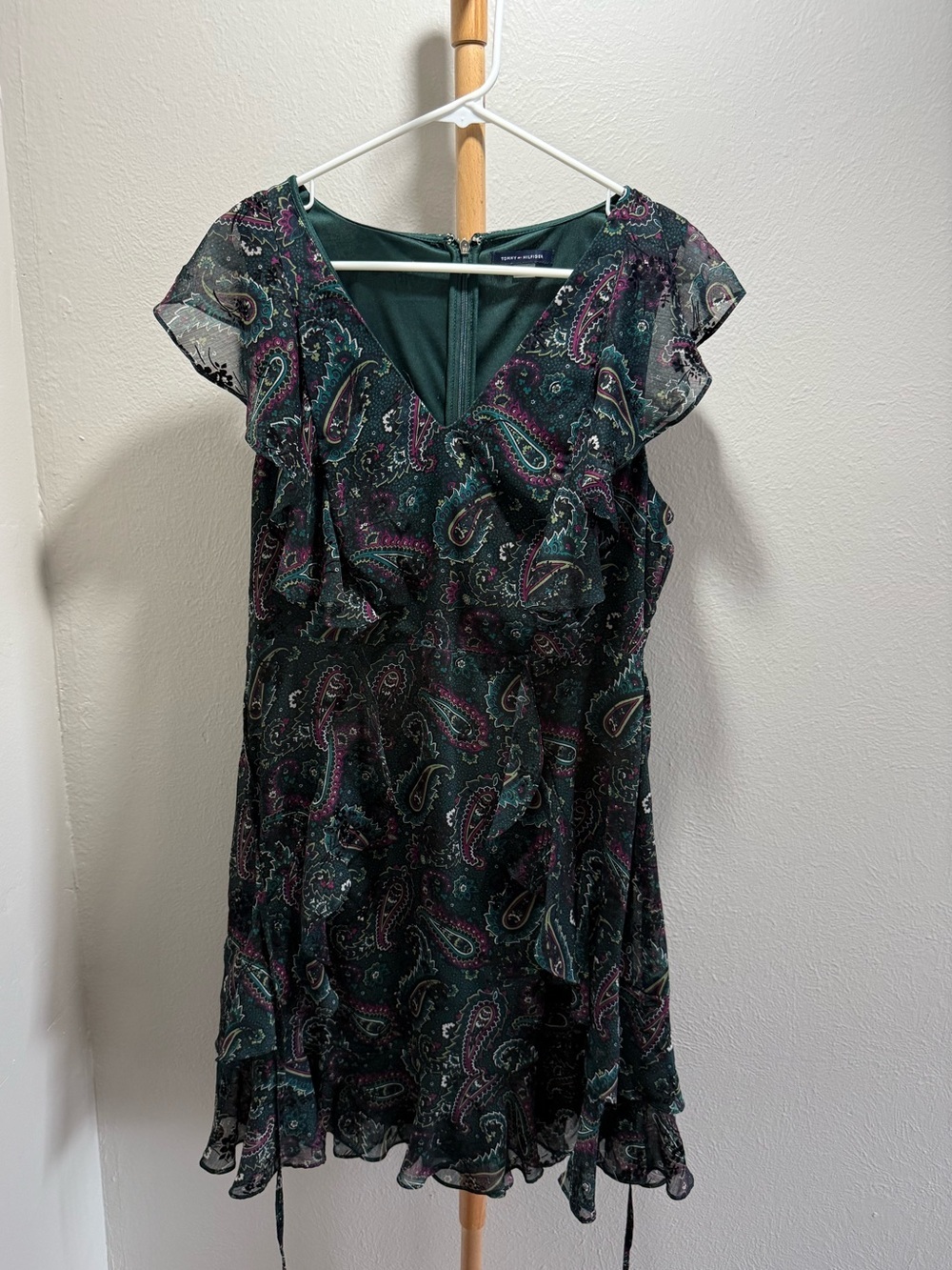 Tommy Hilfiger Green Print Paisley Chiffon Ruffle Dress Women’s Size 12